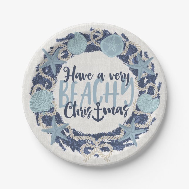 Christmas Coastal Tropical Sea Shell Wreath - Blue Paper Plate (Front)