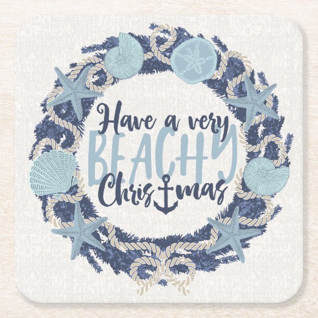 Christmas Coastal Tropical Sea Shell Wreath - Blue Square Paper Coaster (Front)
