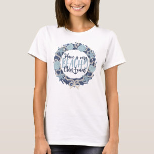 Christmas Coastal Tropical Sea Shell Wreath -Blue T-Shirt