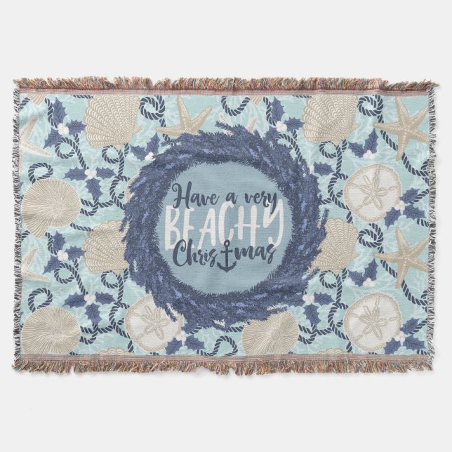 Christmas Coastal Tropical Sea Shell Wreath - Blue Throw Blanket (Front)