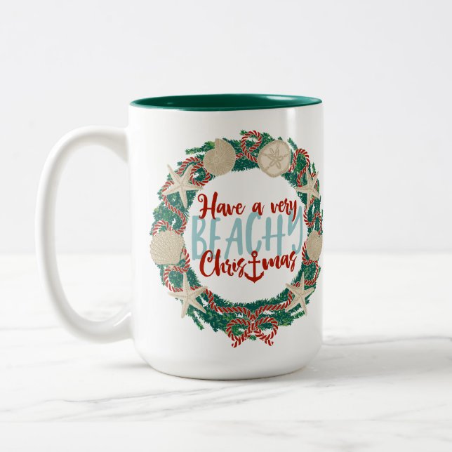 Christmas Coastal Tropical Sea Shell Wreath -Green Two-Tone Coffee Mug (Left)