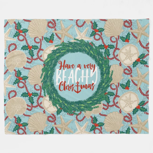 Christmas Coastal Tropical Sea Shell Wreath - Red Fleece Blanket (Front (Horizontal))