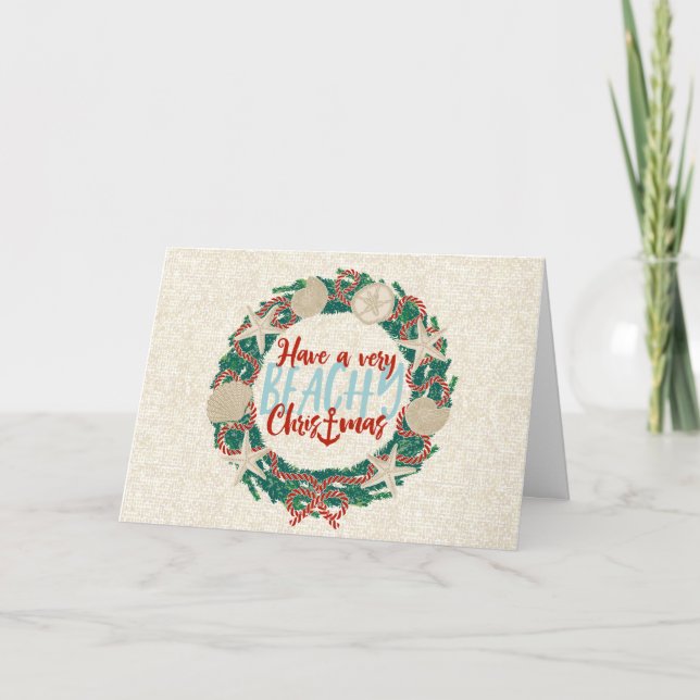 Christmas Coastal Tropical Sea Shell Wreath -Red Holiday Card (Front)