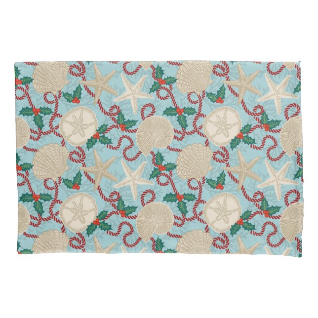 Christmas Coastal Tropical Sea Shells - Aqua Pillowcase (Front)
