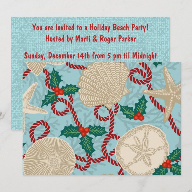Christmas Coastal Tropical Sea Shells - Aqua & Red Invitation (Front/Back)