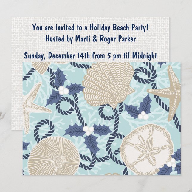 Christmas Coastal Tropical Sea Shells - Blue Invitation (Front/Back)