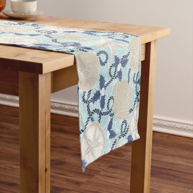 Christmas Coastal Tropical Sea Shells -Blue Short Table Runner (In Situ)