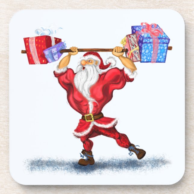 Christmas Coaster Bodybuilder Santa with Gifts (Front)
