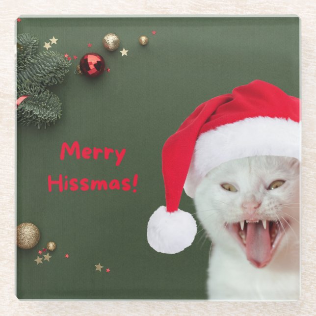 Christmas Coaster, Merry Hissmas Wishes Glass Coaster (Front)