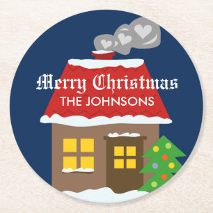 Christmas coasters with cute winter cabin cottage