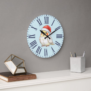Christmas Cockatiel Wearing Santa Hat Large Clock