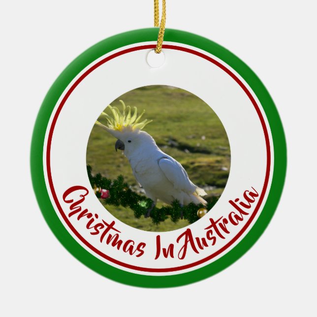 Christmas Cockatoo on Decorated Pine Branch Ceramic Tree Decoration (Front)