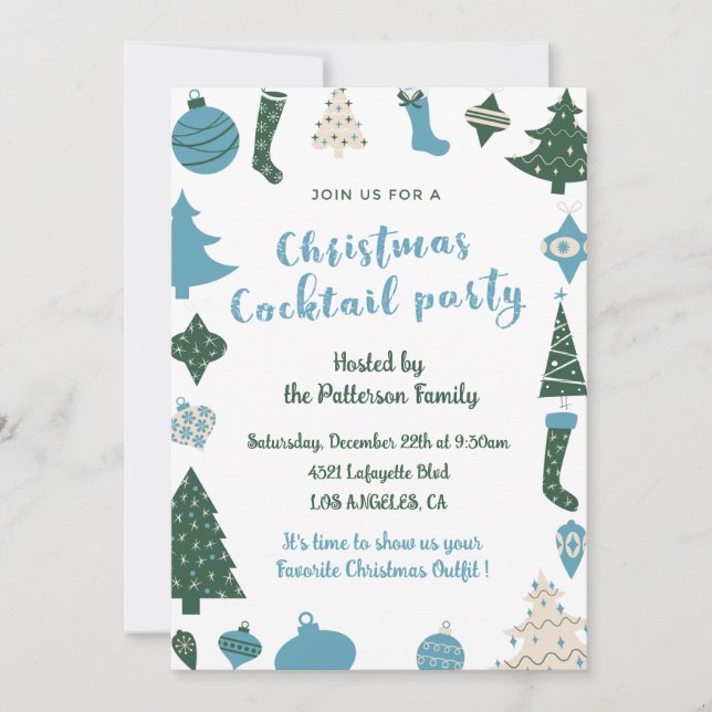 Christmas Cocktail Party Invite Cute green blue (Front)