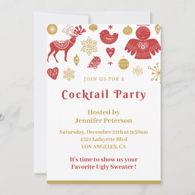 Christmas Cocktail Party Invite Gold Red Nordic (Front)