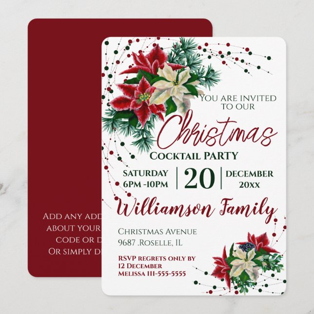 Christmas Cocktail Party Poinsettia Flower Invitation (Front/Back)