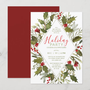 Christmas Cocktail Party Watercolor Vintage Holly Invitation