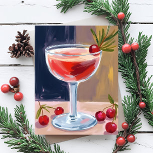 Christmas Cocktail   Red Berries Pine Merry Holiday Card