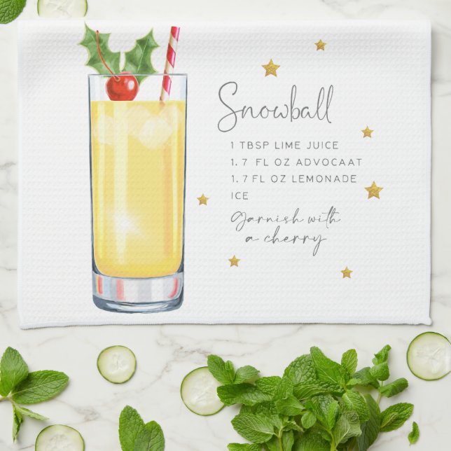 Christmas Cocktail Snowball Recipe Watercolor Tea Towel (Folded)