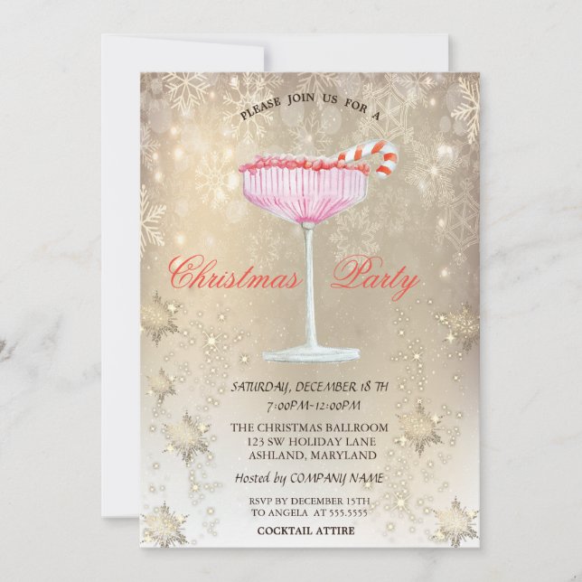 Christmas Cocktail Snowflakes Gold Christmas  Invitation (Front)