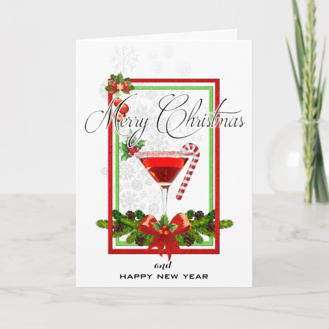 Christmas Cocktail Watercolor Art Holiday Card (Front)