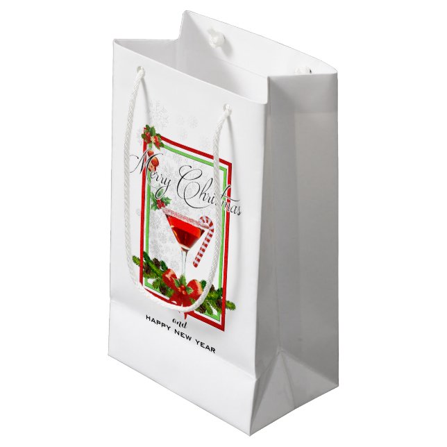Christmas Cocktail Watercolor Art Small Gift Bag (Front Angled)