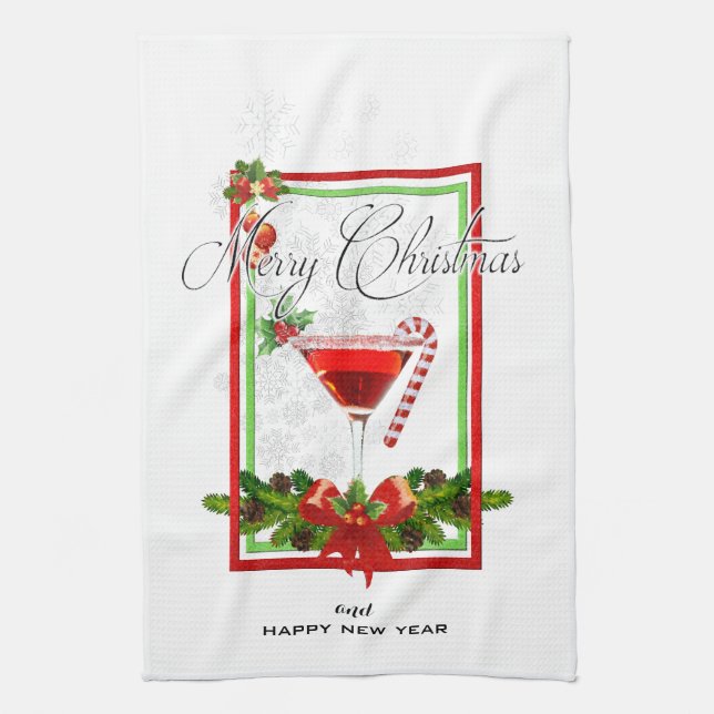 Christmas Cocktail Watercolor Art Tea Towel (Vertical)