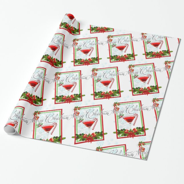Christmas Cocktail Watercolor Art Wrapping Paper (Unrolled)