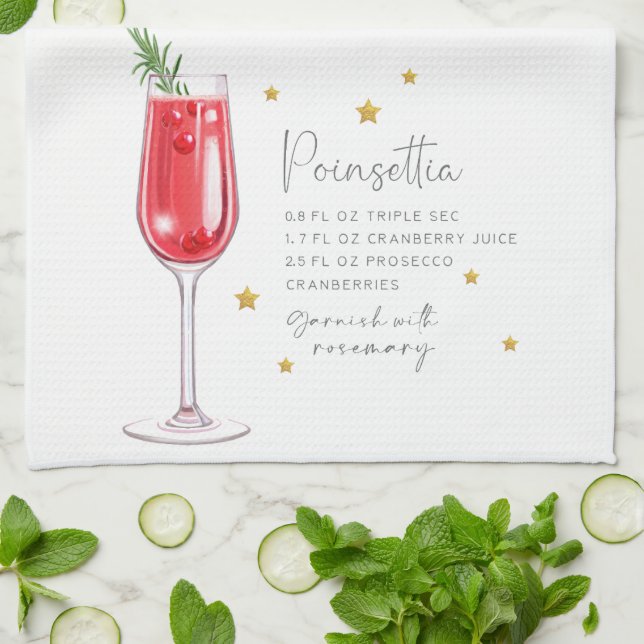 Christmas Cocktail Watercolor Poinsettia Recipe Tea Towel (Folded)
