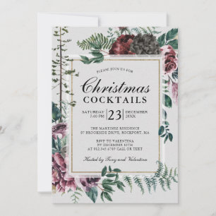 Christmas Cocktails Rustic Burgundy Red Floral Invitation