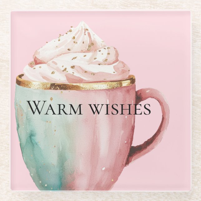Christmas Cocoa Gold Blush Pink Mint Warm Wishes Glass Coaster (Front)