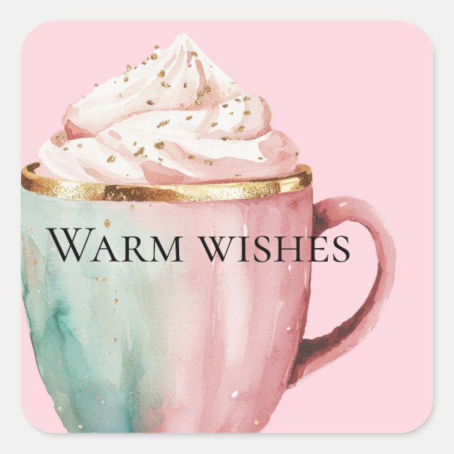 Christmas Cocoa Gold Blush Pink Mint Warm Wishes Square Sticker (Front)