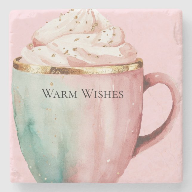 Christmas Cocoa Gold Blush Pink Mint Warm Wishes Stone Coaster (Front)