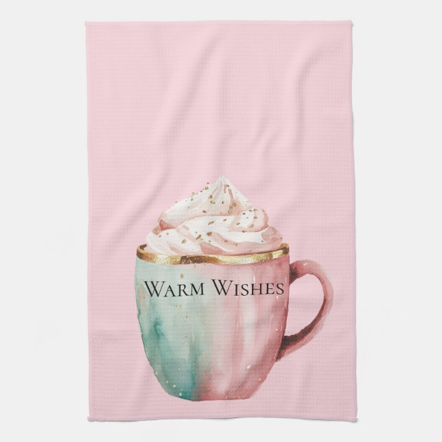 Christmas Cocoa Gold Blush Pink Mint Warm Wishes Tea Towel (Vertical)