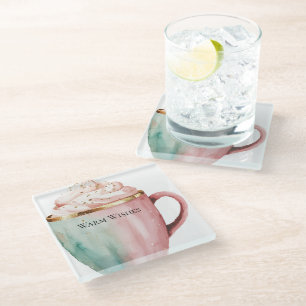 Christmas Cocoa Gold Pink Mint Warm Wishes Glass Coaster