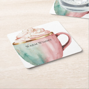 Christmas Cocoa Gold Pink Mint Warm Wishes Square Paper Coaster