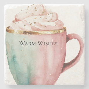 Christmas Cocoa Gold Pink Mint Warm Wishes Stone Coaster