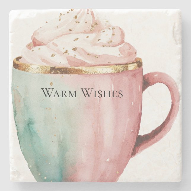Christmas Cocoa Gold Pink Mint Warm Wishes Stone Coaster (Front)