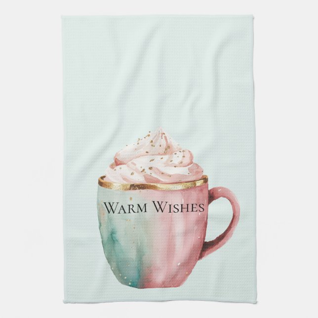Christmas Cocoa Gold Pink Mint Warm Wishes Tea Towel (Vertical)