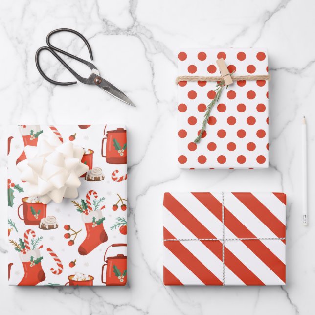 Christmas Cocoa Stocking Wrapping Paper Set of 3 (Front)