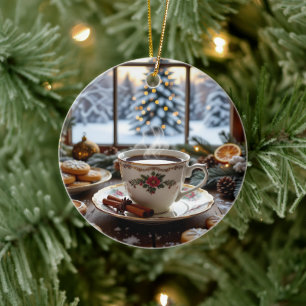 Christmas Coffee and Cookies Winter Window Scene Ceramic Tree Decoration