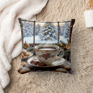 Christmas Coffee and Cookies Winter Window Scene Cushion