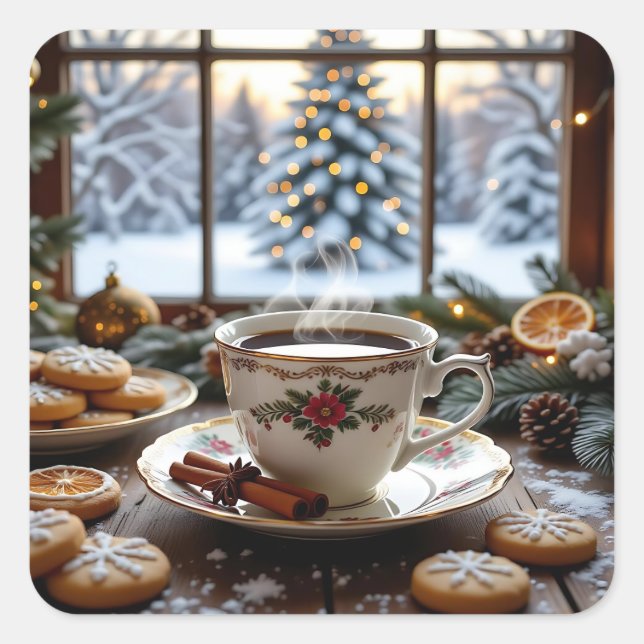 Christmas Coffee and Cookies Winter Window Scene Square Sticker (Front)