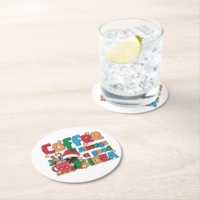 Christmas Coffee Cup With Festive Sayings Round Paper Coaster (Insitu)