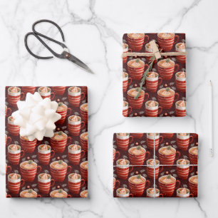 Christmas Coffee Cups on Dark Red Wrapping Paper Sheet