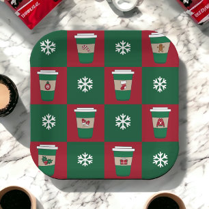 Christmas Coffee Cups & Snowflakes Holiday Paper Plate