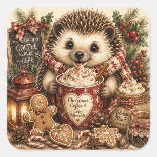 Christmas Coffee Hedgehog Cosy Holiday Square Sticker