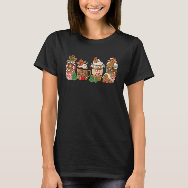 Christmas Coffee Latte Hot Choco Cups Cute Gingerb T-Shirt (Front)