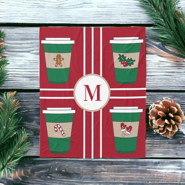 Christmas Coffee Lover Monogram Red Fleece Blanket (Creator Uploaded)