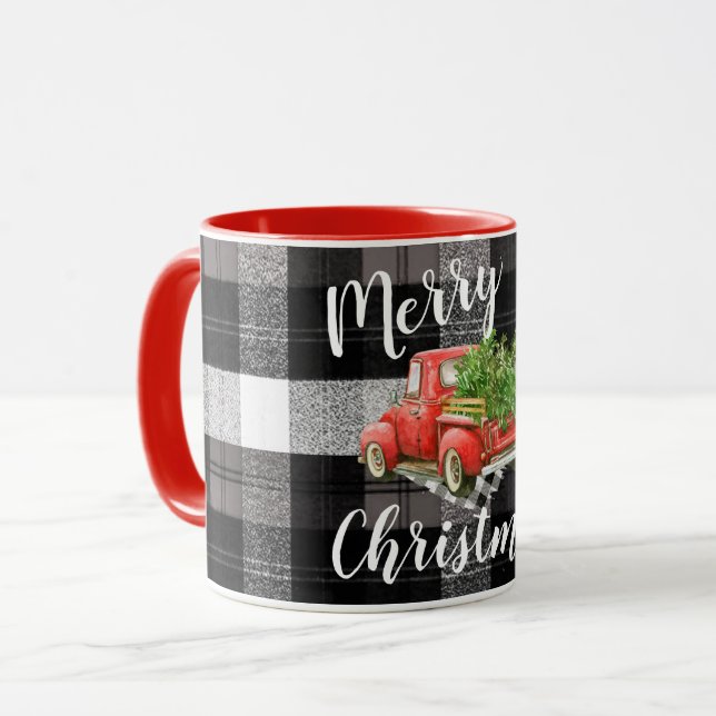 Christmas Coffee Mug Red XMAS Truck Plaid (Front Left)