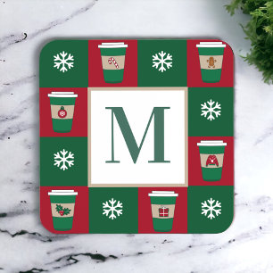 Christmas Coffee Snowflakes Monogram Coaster